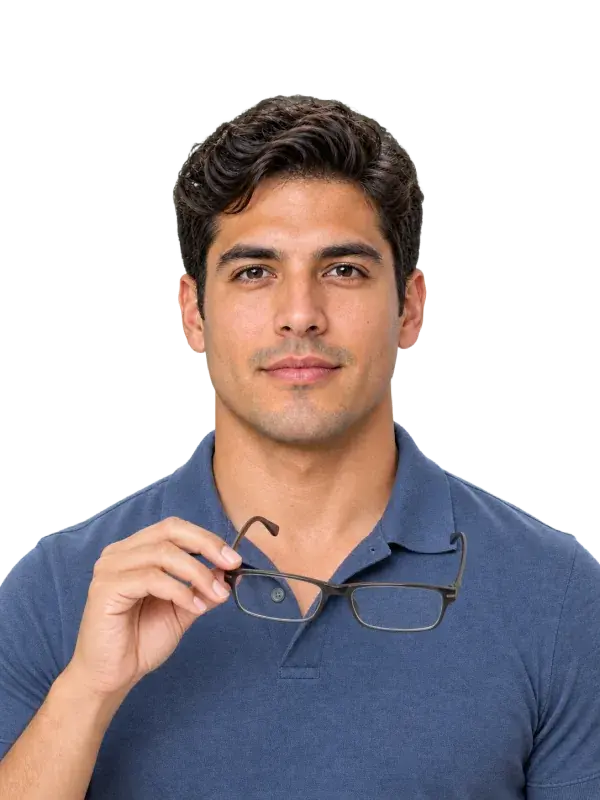 Persona ilustrativa sujetando sus gafas quitadas