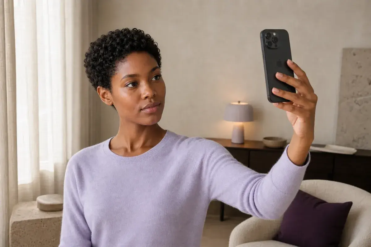 Persona ilustrativa usando un teléfono en casa